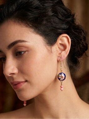 Artisan Vintage Cloisonné Hand Wrapped w/ pink mother of pearl 14K Gold Earrings